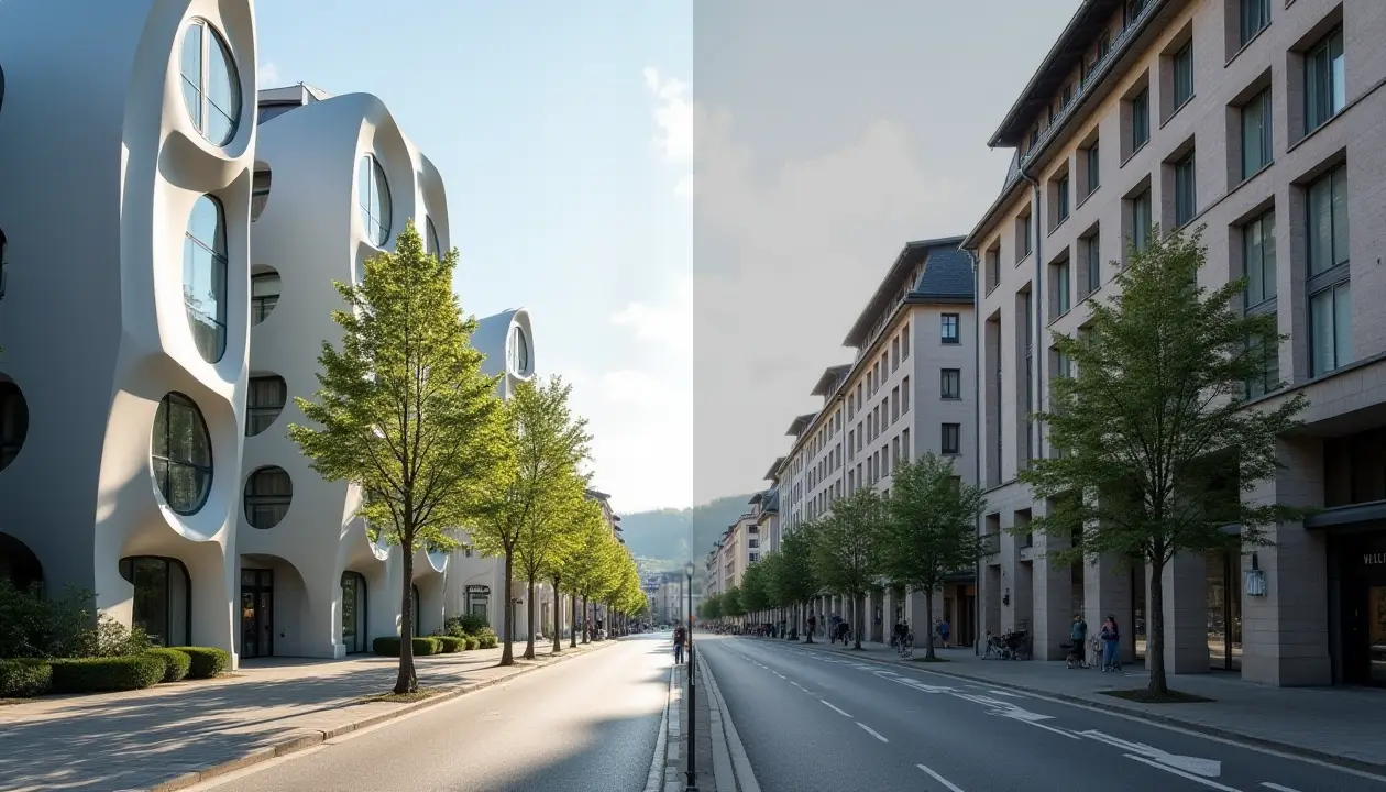 Street with modern buildings on the left side and traditional buildings on the right side